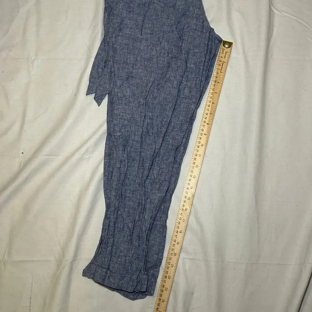 Zara Womens XS‎  Linen crop elastic waist pants Blue Chambray Pull On